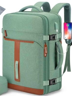 Travel Backpack - Sage Green with Brown Accents USB Charging For Airports